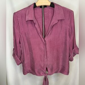 Velvet Heart pink button front tie hem top S | roll tab sleeves lightweight
